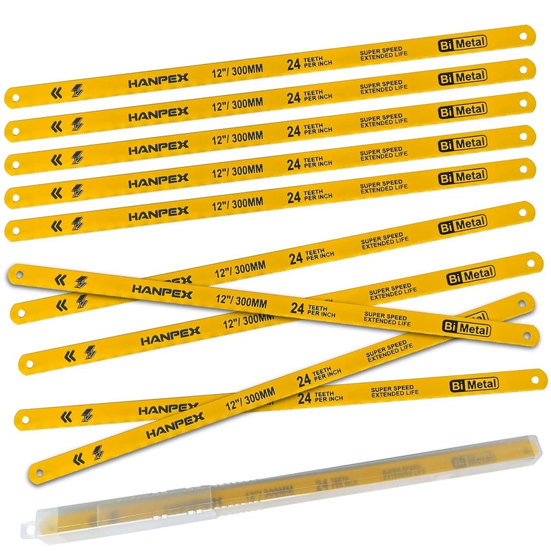 Hanpex Hacksaw Replacement Blades (10 Pack) High Speed 24 TPI - 12" Length Hack Saw Blade - Bi-Metal HSS Cutting Blades - Image 1